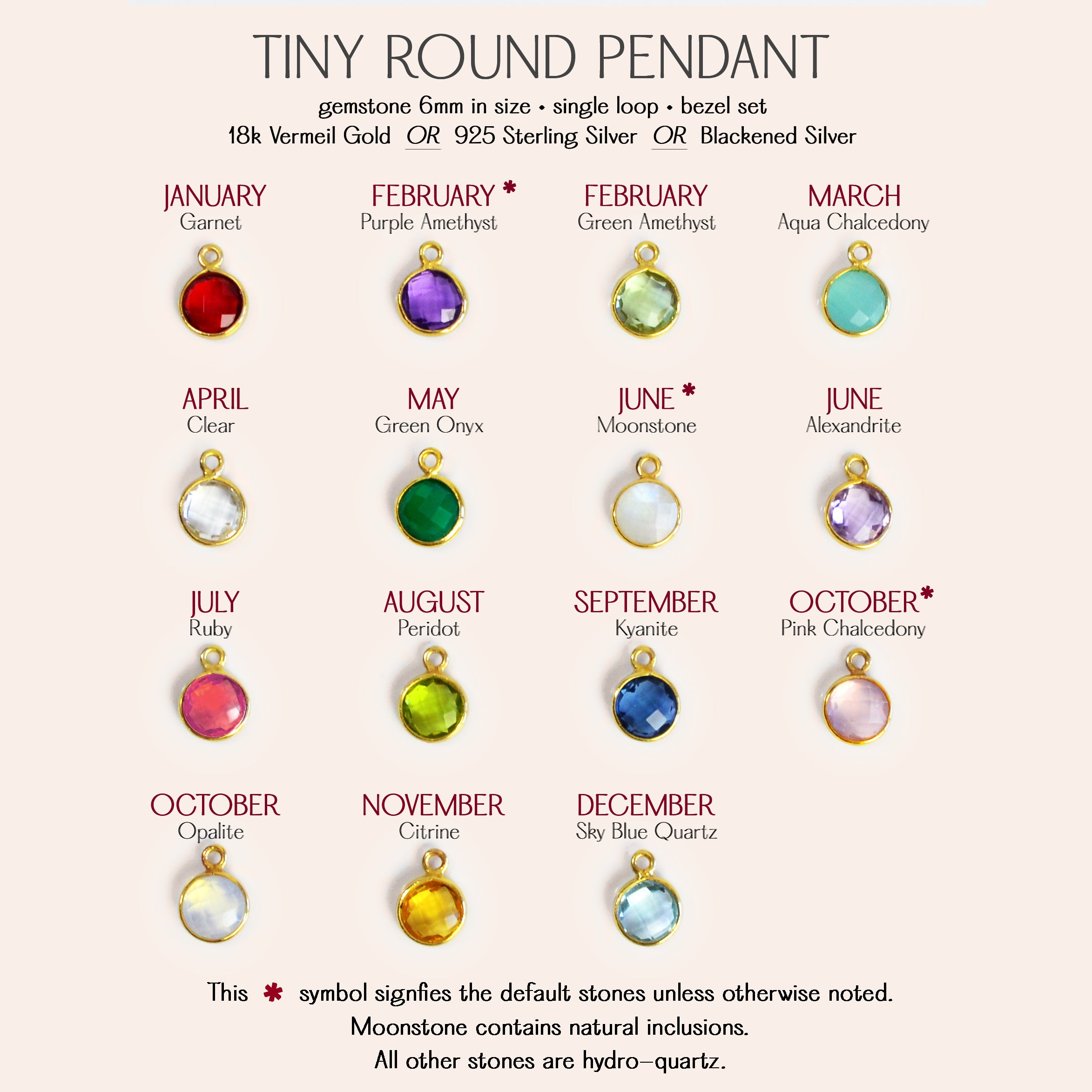 Tiny 6mm Round Gemstone Pendants. January birthstone, february birthstone, march birthstone, april birthstone, may birthstone, june birthstone, july birthstone, august birthstone, september birthstone, october birthstone, november birthstone, december birthstone. 