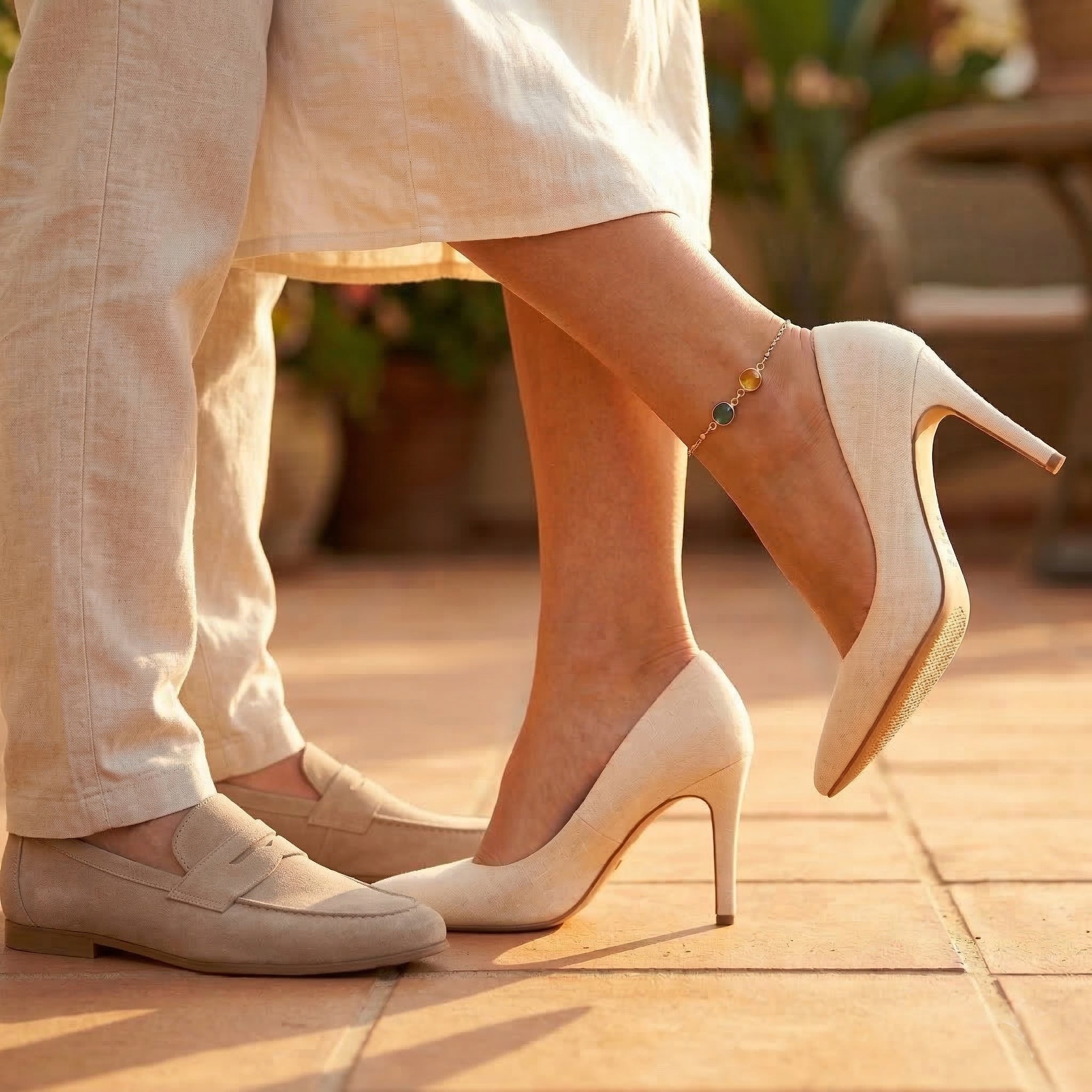 Custom birthstone anklet worn with heels, minimalist personalized ankle bracelet