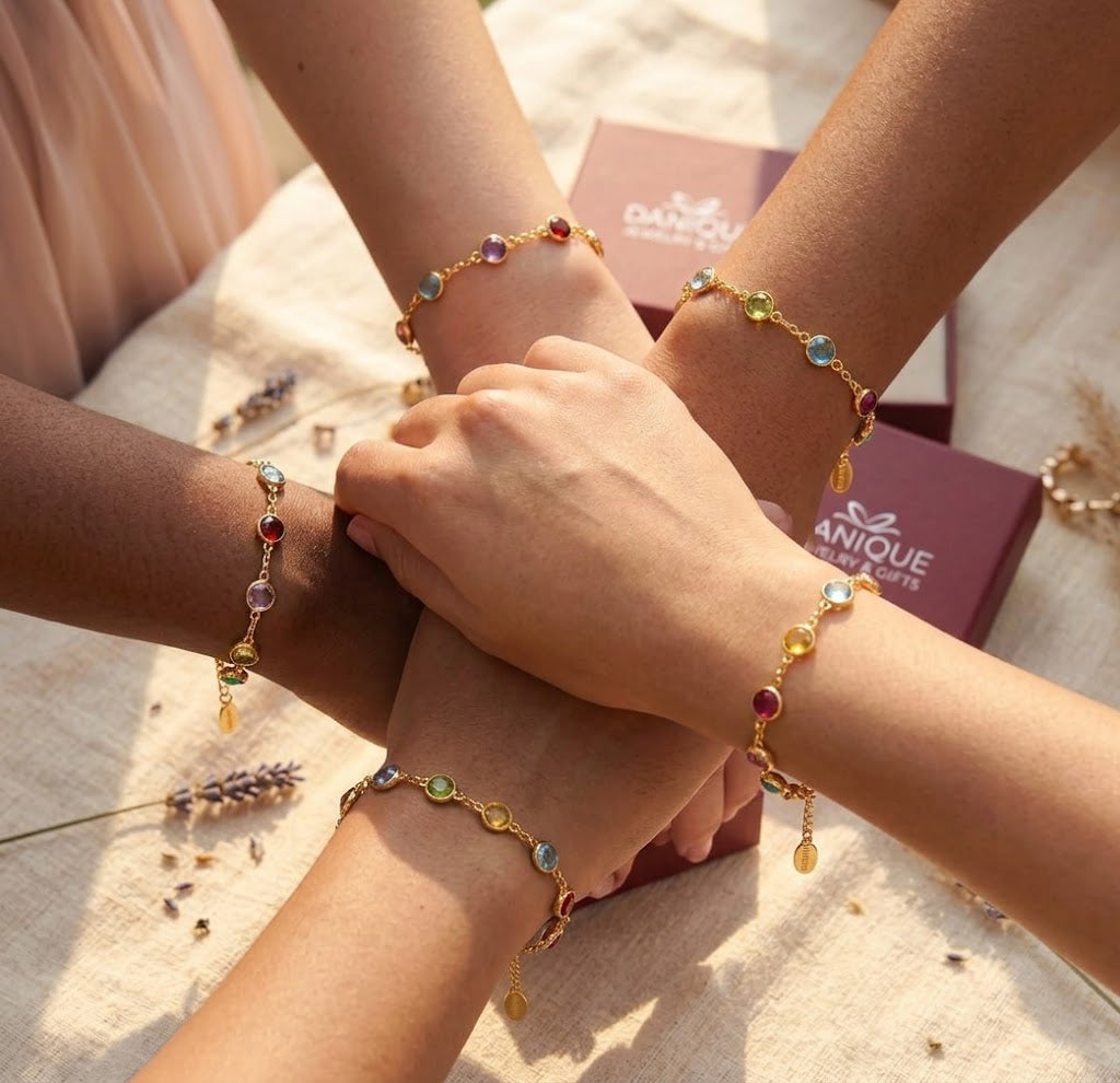 matching birthstone bracelets for bridesmaids with colorful 6mm gemstones, personalized friendship jewelry gift for wedding party or best friends