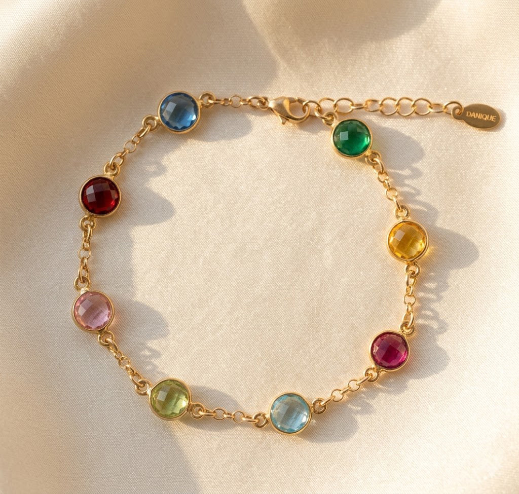 gold birthstone bracelet with colorful 6mm gemstones, personalized multistone bracelet for mom, girlfriend or family jewelry gift