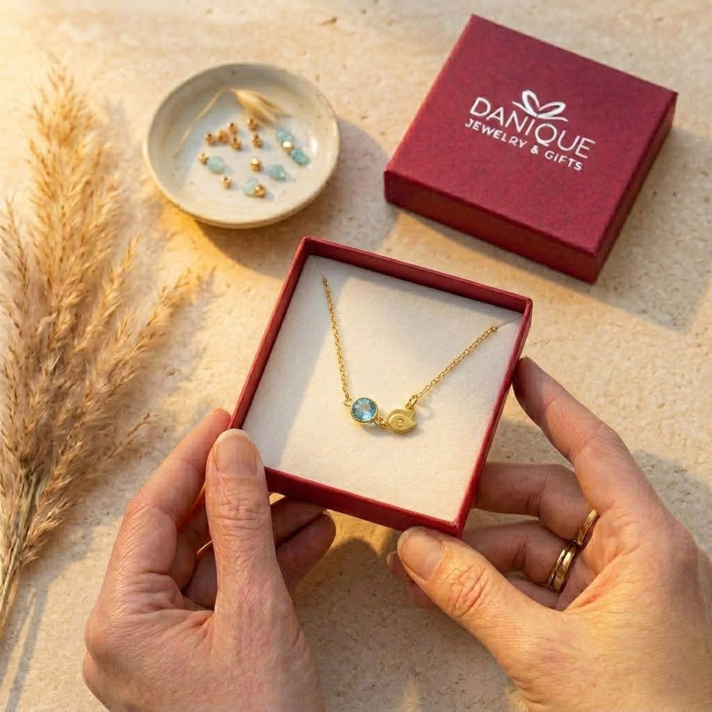 Gift ready personalized birthstone necklace in jewelry box