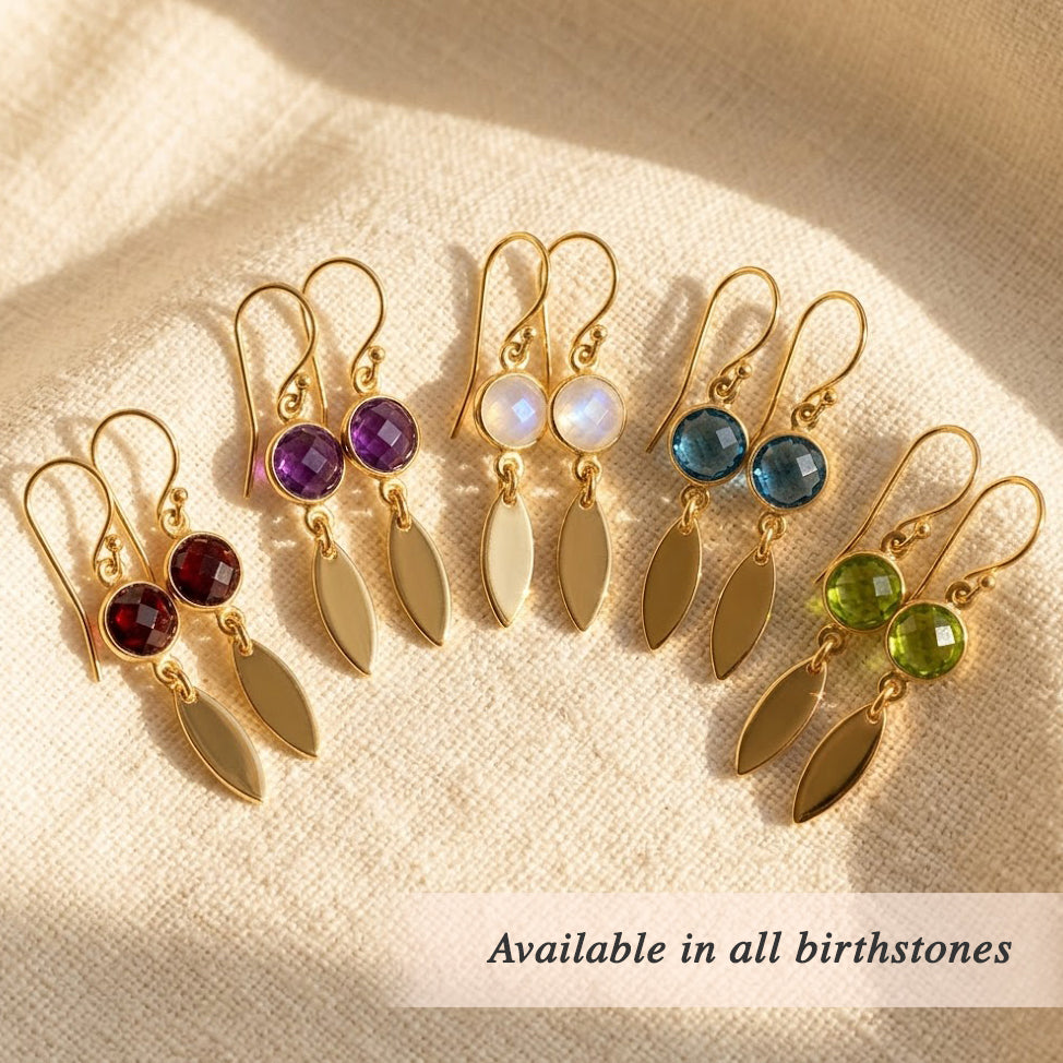 Custom birthstone earrings with marquise tags available in multiple birthstone colors, personalized dangle earrings in gold