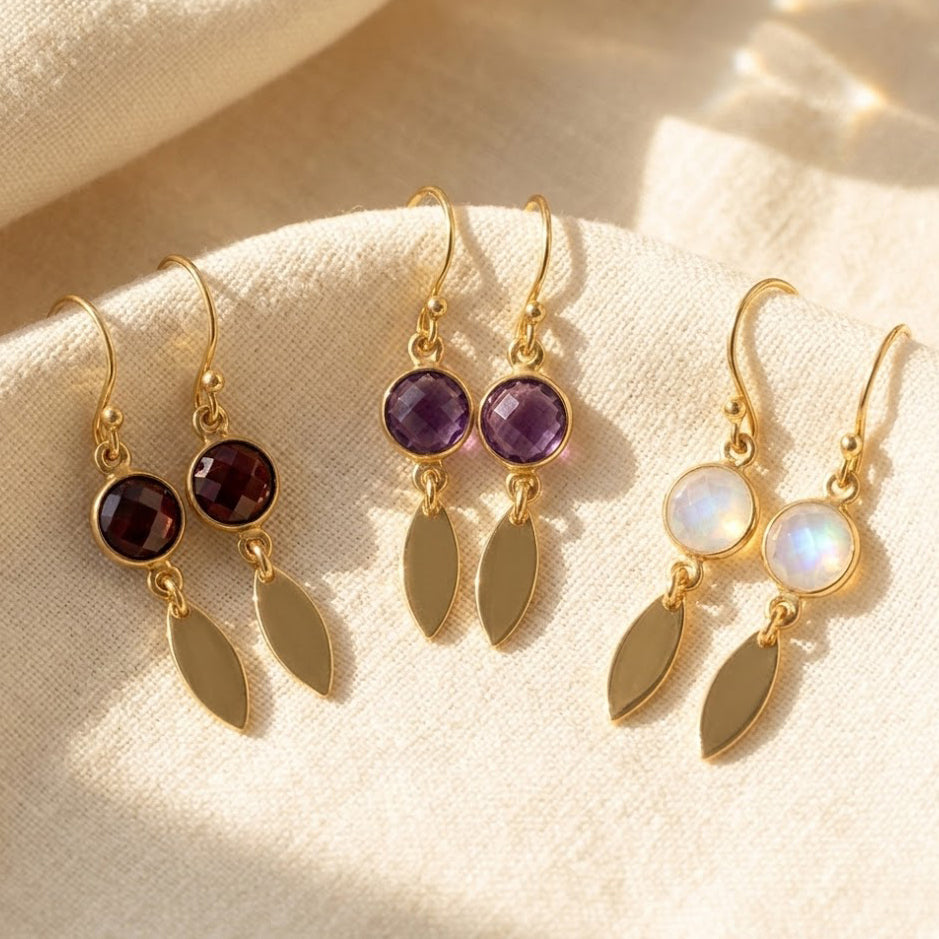 Custom birthstone earrings with marquise tags in gold or sterling silver, personalized dangle earrings with gemstone charms