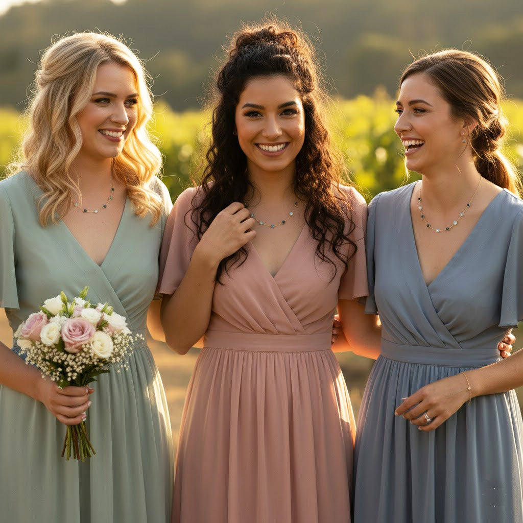 Three women wearing matching custom birthstone necklaces, styled as bridesmaids jewelry with delicate bezel-set gemstones, personalized minimalist necklaces perfect for weddings, bridal party gifts, sisters or friends, meaningful keepsake jewelry available in sterling silver or gold vermeil