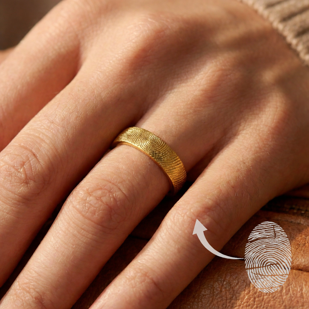 Engraved fingerprint ring shown worn on finger, highlighting 6mm band design in gold. This custom memorial jewelry piece can be personalized with fingerprint, handwriting, or date. A unique keepsake for men or women, perfect for weddings, anniversaries, or as a remembrance gift. Crafted in sterling silver, gold, or rose gold. Ideal for personalized gifts for him, engraved gifts for men, and memorial fingerprint rings.