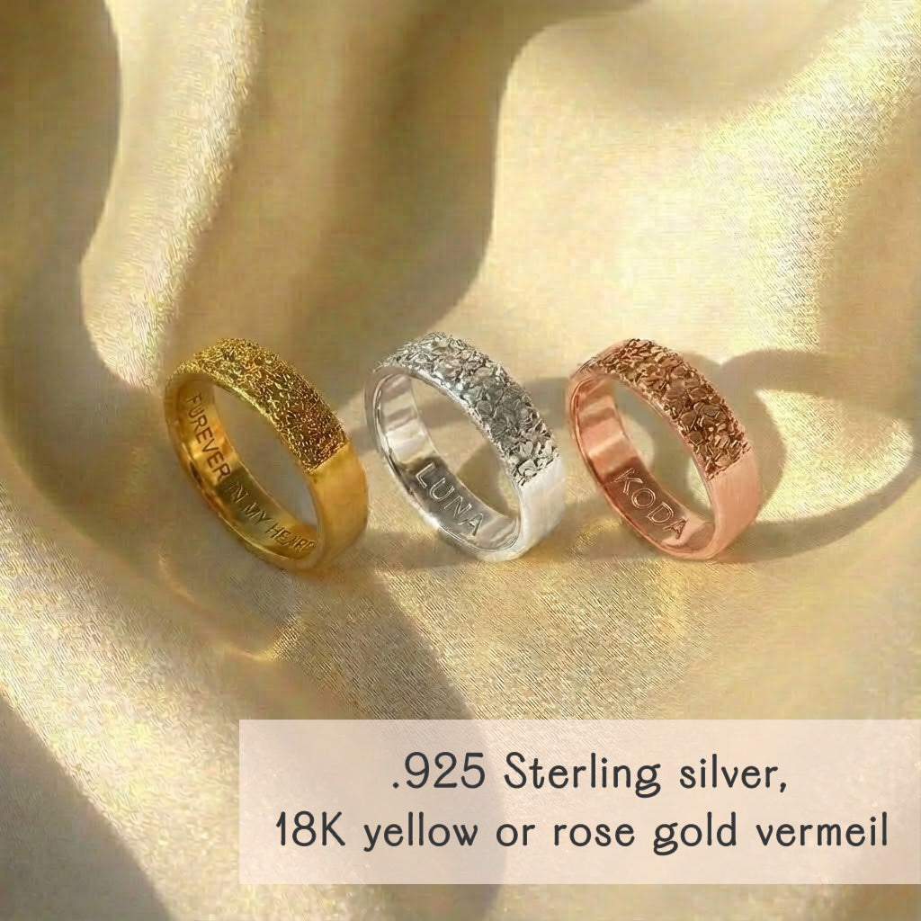 Dog nose engraved ring available in multiple metals including 925 sterling silver, yellow gold vermeil, and rose gold vermeil, custom pet nose print ring with textured engraving, personalized dog jewelry gift, memorial pet ring, handmade engraved band for dog lovers