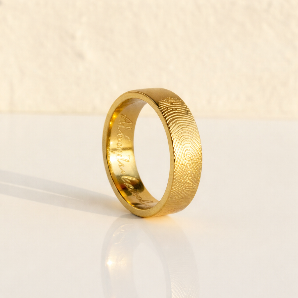 Custom fingerprint ring in 6mm gold band with engraved fingerprint detail. Personalized memorial jewelry for men or women, designed as a unique wedding band, anniversary ring, or remembrance gift. Handcrafted in sterling silver, gold, or rose gold with custom engraving options. Ideal for personalized gifts for him, fingerprint memorial jewelry, and engraved jewelry keepsakes. Perfect sympathy gift, Father’s Day or Valentine’s Day present.