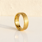 Custom fingerprint ring in 6mm gold band with engraved fingerprint detail. Personalized memorial jewelry for men or women, designed as a unique wedding band, anniversary ring, or remembrance gift. Handcrafted in sterling silver, gold, or rose gold with custom engraving options. Ideal for personalized gifts for him, fingerprint memorial jewelry, and engraved jewelry keepsakes. Perfect sympathy gift, Father’s Day or Valentine’s Day present.