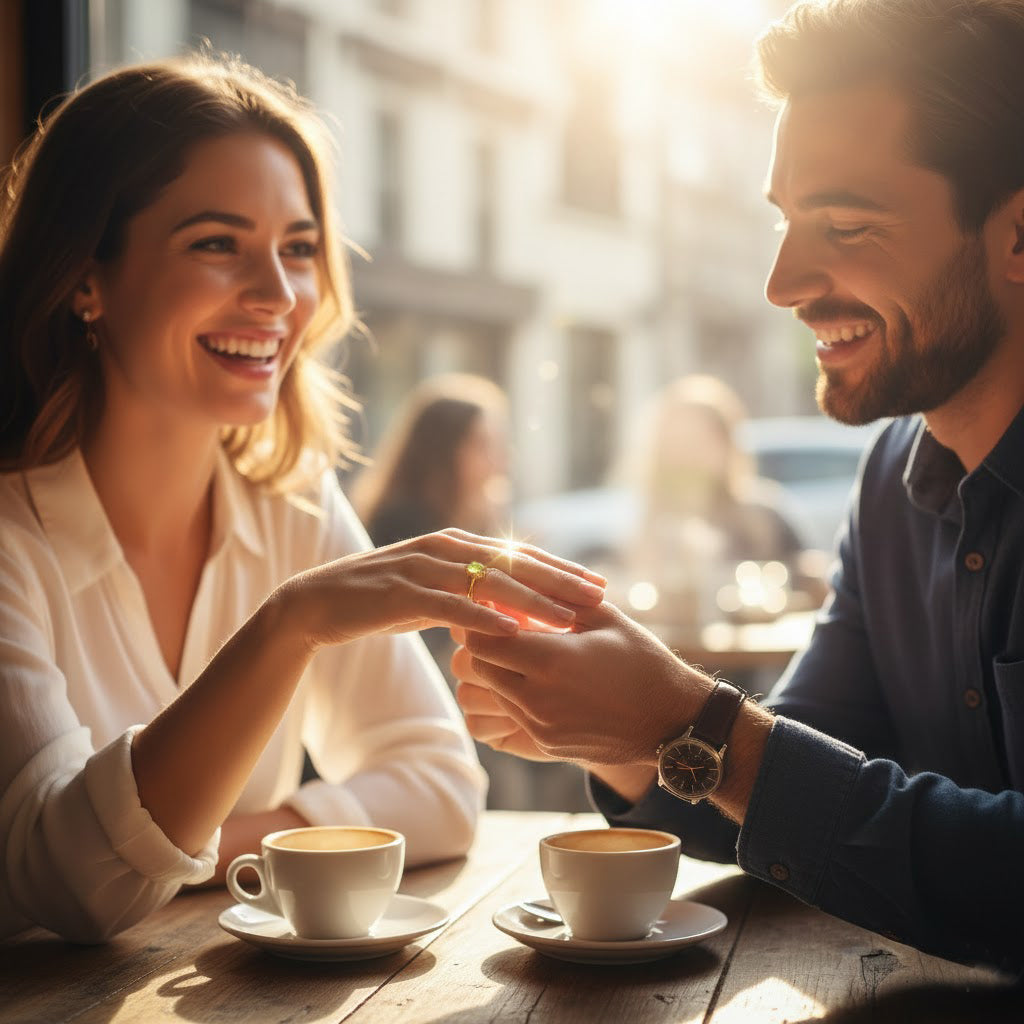 Romantic coffee date moment with a smiling couple as he admires her delicate stackable birthstone ring, dainty gold band catching the sunlight; meaningful promise ring or anniversary gift idea for girlfriend, fiancée or wife, sentimental everyday jewelry.