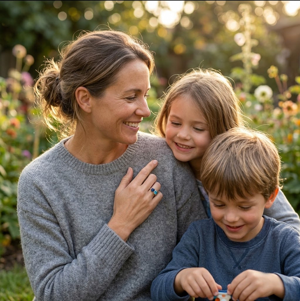 Mother with two children wearing a personalized two birthstone ring representing family.