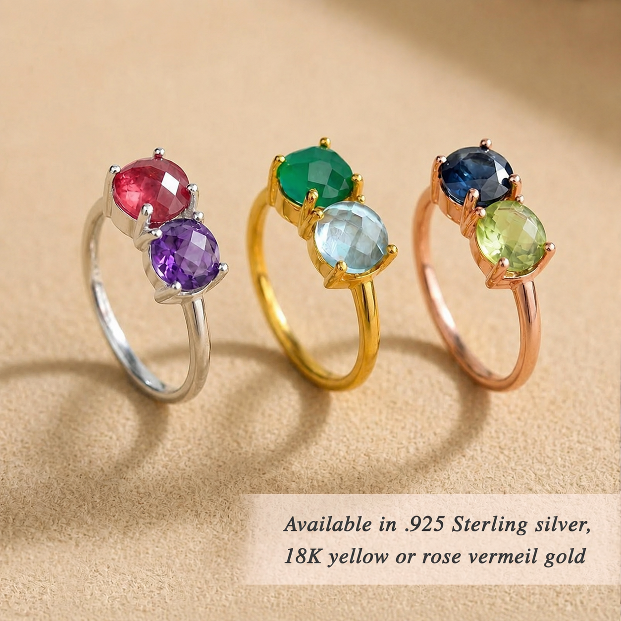 Two birthstone rings in sterling silver, yellow gold vermeil, and rose gold vermeil.
