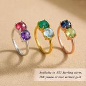 Two birthstone rings in sterling silver, yellow gold vermeil, and rose gold vermeil.