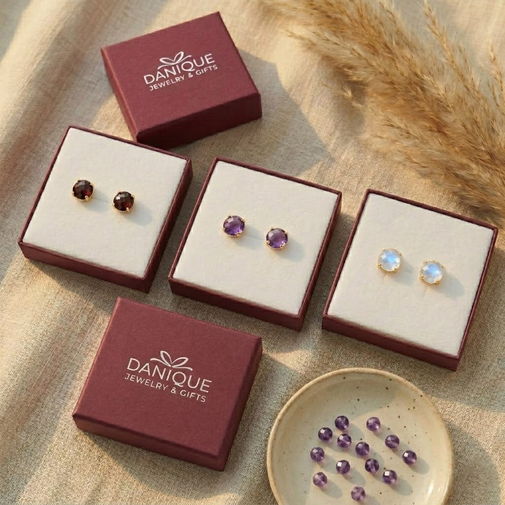 Birthstone stud earrings gift ready packaging faceted gemstone gold prong set jewelry gift for her