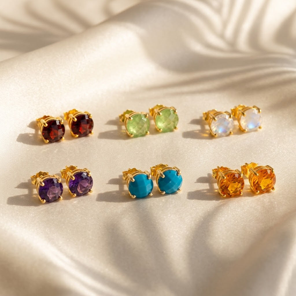 Faceted birthstone stud earrings gold prong set colorful gemstone studs dainty everyday jewelry gift for her