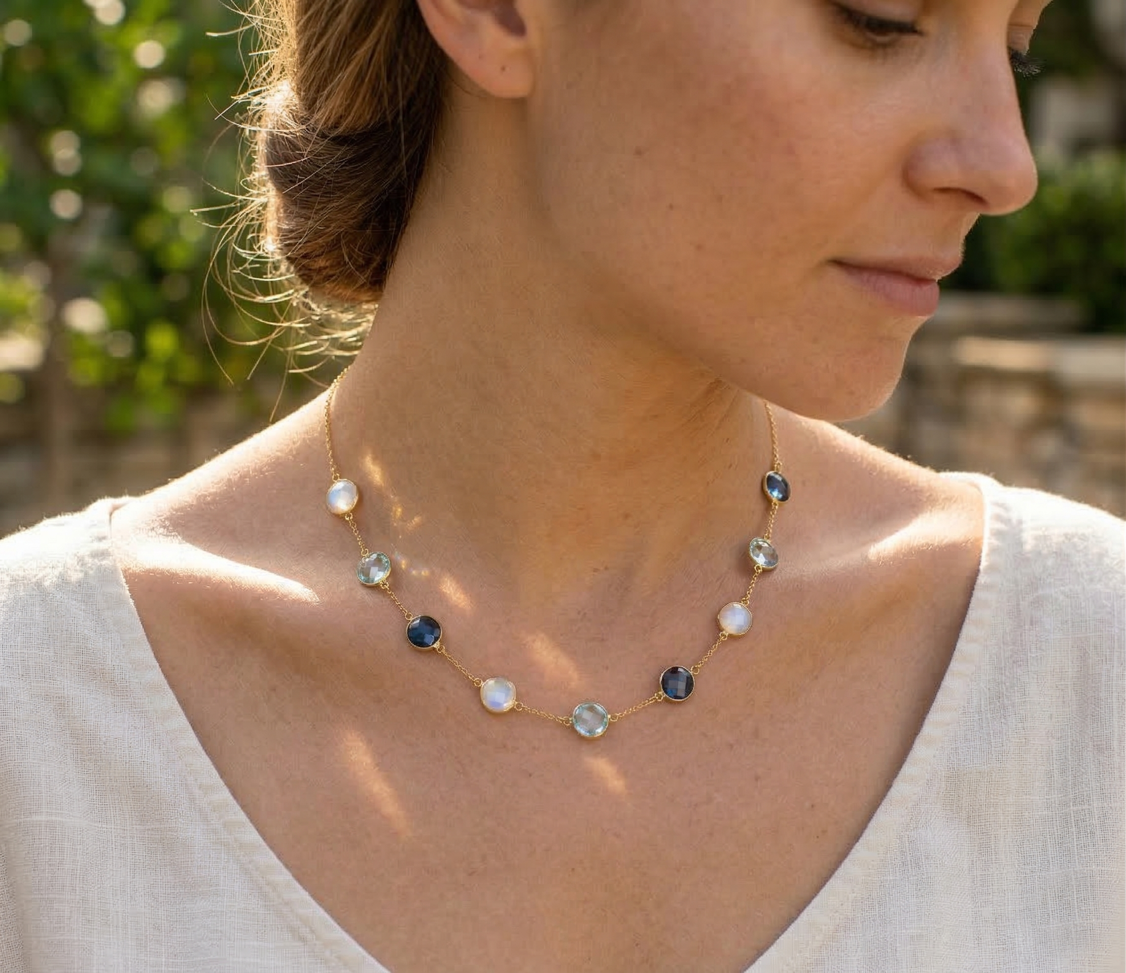 Custom Birthstone Lollipop Station Necklace, Personalized Gemstone Necklace with Round Stations, Long Necklace for Women, Birthday Gift for Grandma - 6mm