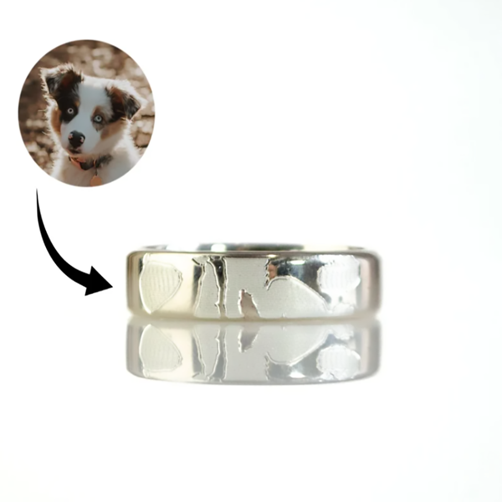 A silver 6mm dog nose print ring. Dog nose print ring, engraved pet ring, custom dog jewelry, sterling silver dog ring, vermeil gold pet ring, rose gold dog ring, personalized pet ring, dog lover gift, pet keepsake jewelry, custom engraving, unique pet memorial, dog owner gift, pet jewelry