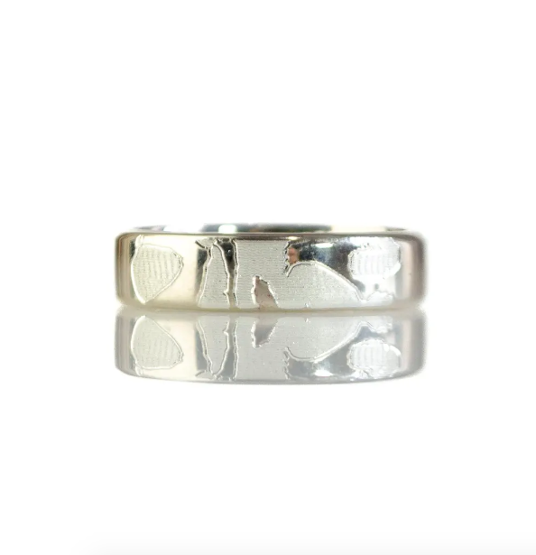 A silver 6mm dog nose print ring. Dog nose print jewelry, personalized pet ring, engraved dog ring, sterling silver pet ring, vermeil gold dog ring, rose gold pet jewelry, custom pet keepsake, dog lover's gift, unique pet ring, pet memorial jewelry, custom engraving, dog owner gift, paw print ring