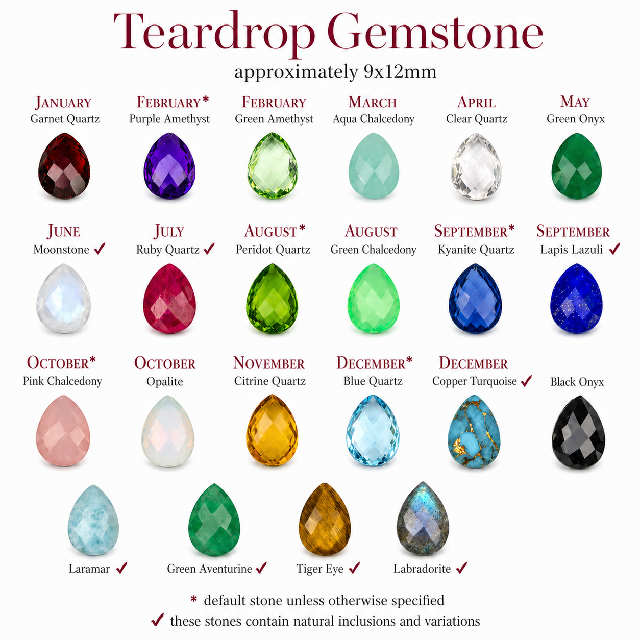 Teardrop gemstone chart showing monthly birthstone options for a personalized three stone necklace.