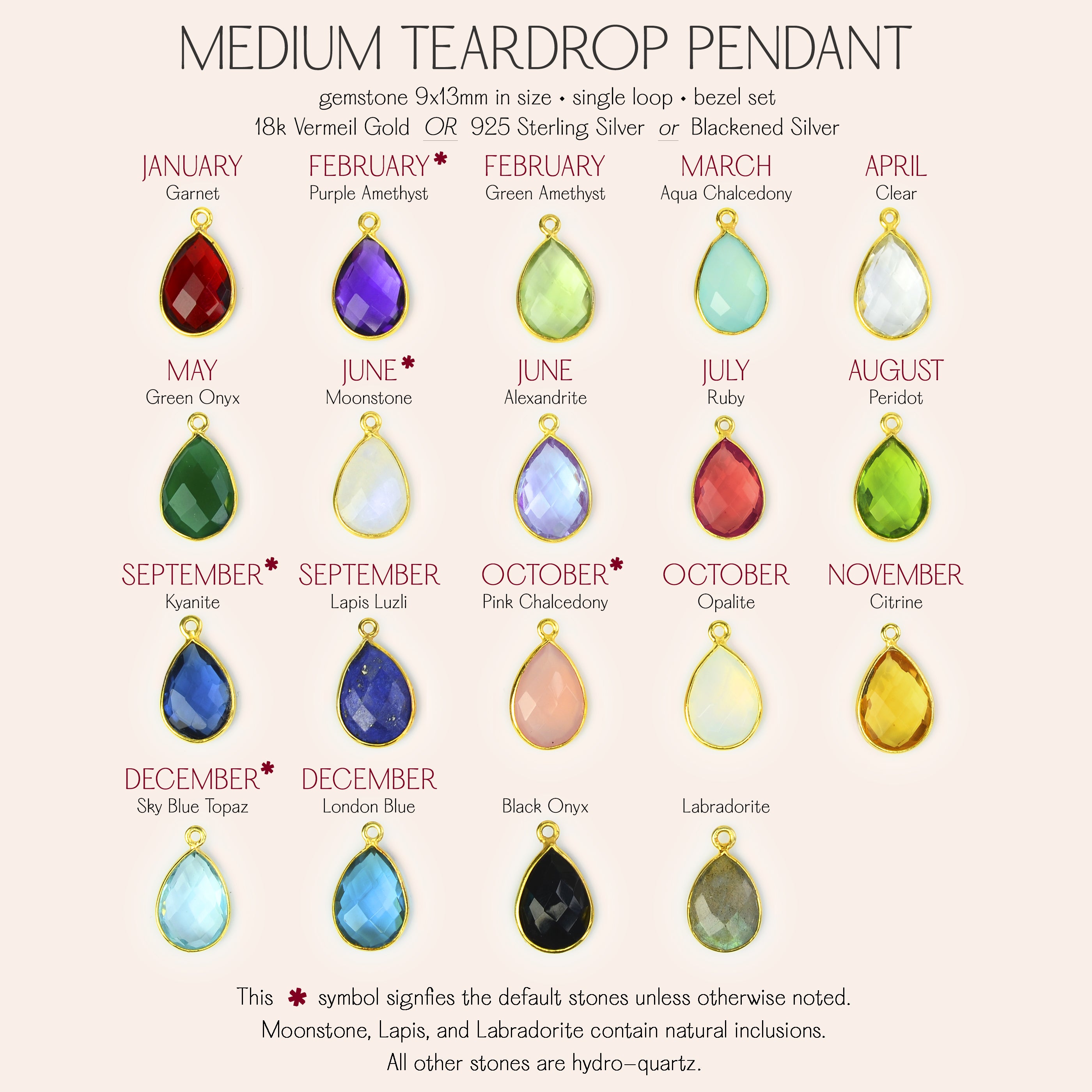 medium teardrop birthstones available in garnet, purple amethyst, green amethyst, aqua chalcedony, clear, green onyx, moonstone, alexandrite, ruby, peridot, kyanite, lapis luzli, pink chalcedony, opalite, citrine, blue topaz, london blue, black onyx, labradorite. jewelry gift, necklace gift for her, anniversary gift, christmas gift, valentine's day gift, wedding jewelry, bridesmaid's jewelry, gift for mom, gift for wife, gift for girlfriend, gift for grandma, mother's day gift