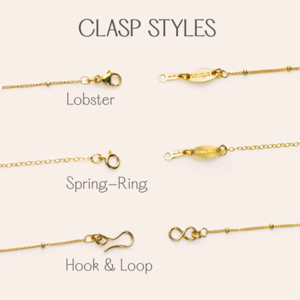 Clasp styles for necklaces. necklaces for women, gift for her, gift for wife, birthday, christmas gift, valentine's day gift, gift for girlfriend, anniversary gift, silver anniversary, gold anniversary, personalized jewelry, custom jewelry, gift for fiance, holiday gift, unique gift ideas, necklaces for her, wedding party gifts, bridal party gifts, prom season, prom jewelry, birthstone jewelry, birthstone necklaces, engraved necklaces. 