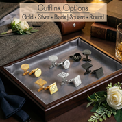 Collection of cufflinks on a tray with text indicating options for gold, silver, black, square, and round designs. Personalized round metal cufflinks with custom engraving in stainless steel, offering a clean, polished finish and secure closure, designed as a sophisticated accessory for formal events, business meetings, or wedding celebrations.