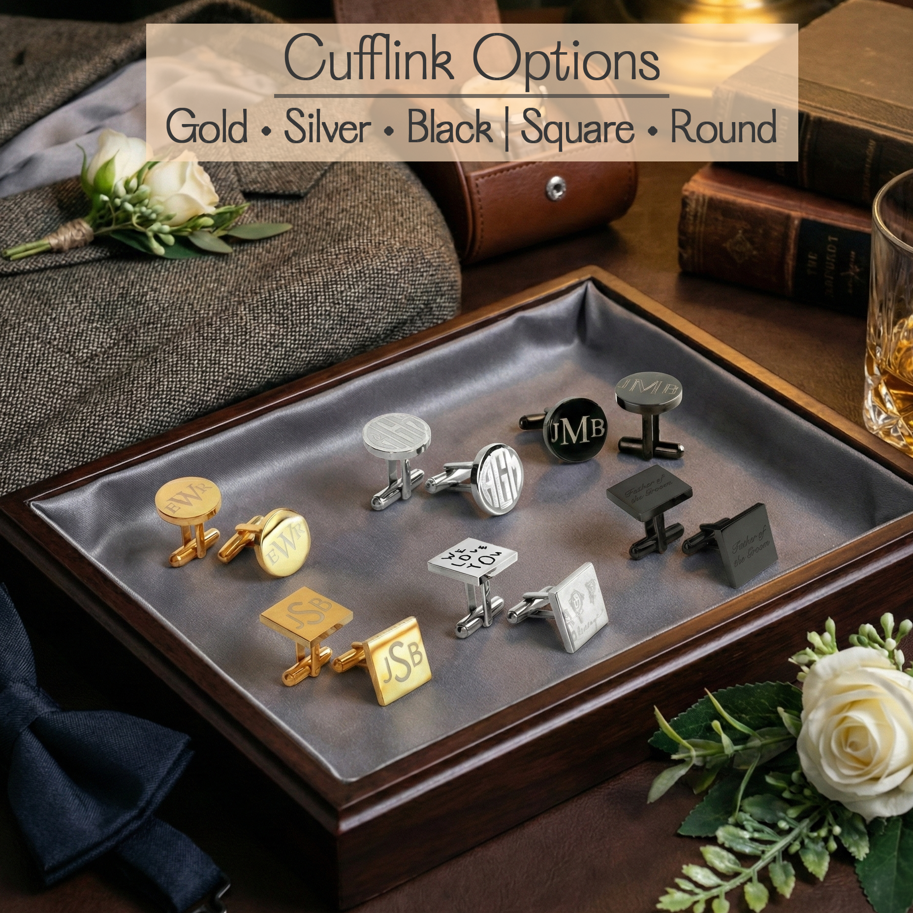 Collection of cufflinks on a tray with text indicating options for gold, silver, black, square, and round designs. Personalized round metal cufflinks with custom engraving in stainless steel, offering a clean, polished finish and secure closure, designed as a sophisticated accessory for formal events, business meetings, or wedding celebrations.