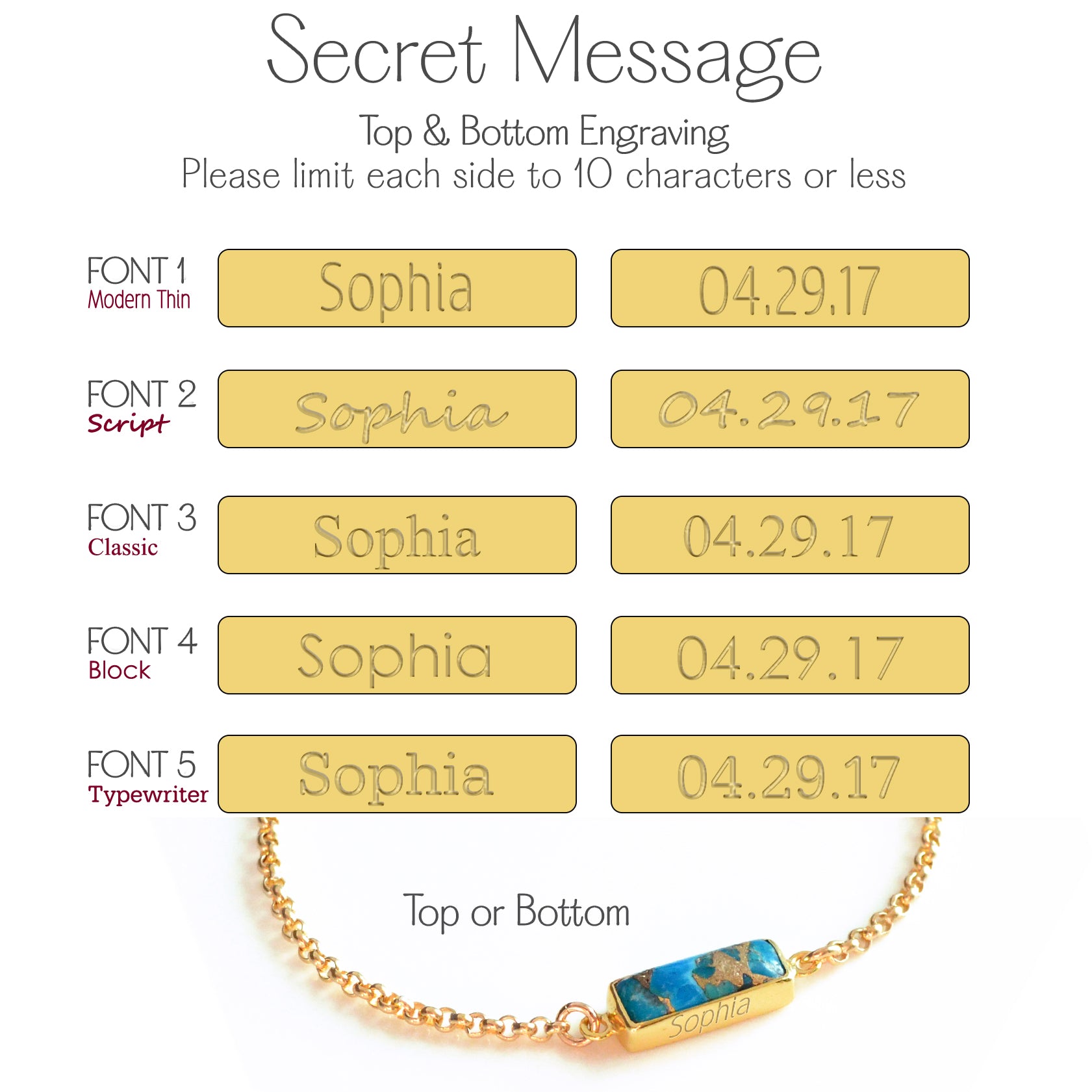 Choose from our engraving font options include modern thin, script, classic, block and typewriter. Please limit engraving text to 10 characters. 
