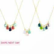 Mother's Teardrop Birthstone Collar Charm Necklace, Sterling Silver, Gold Filled, Hypoallergenic Gift for Women, Multicolor Multiple Gemstone Necklace