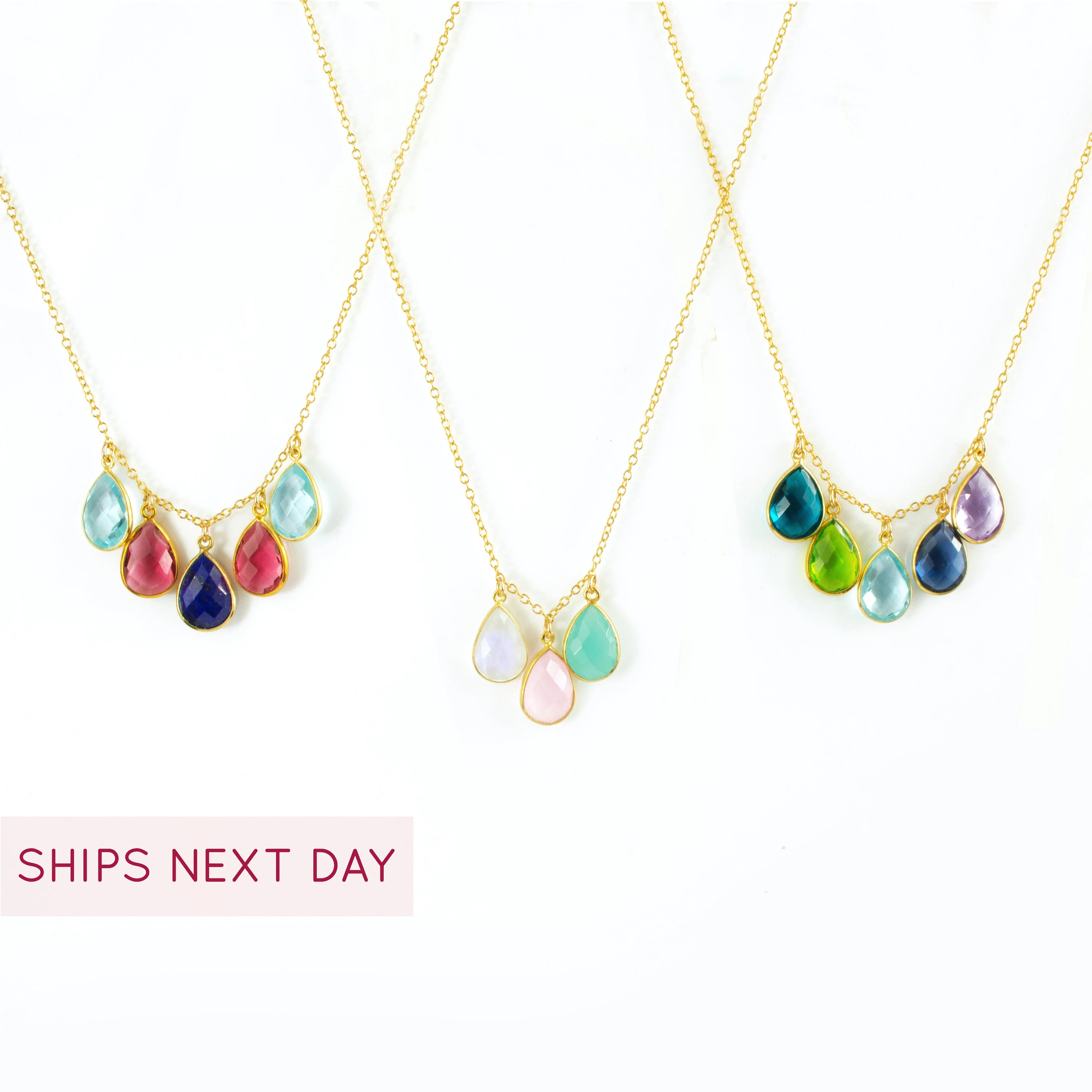 Mother's Teardrop Birthstone Collar Charm Necklace, Sterling Silver, Gold Filled, Hypoallergenic Gift for Women, Multicolor Multiple Gemstone Necklace