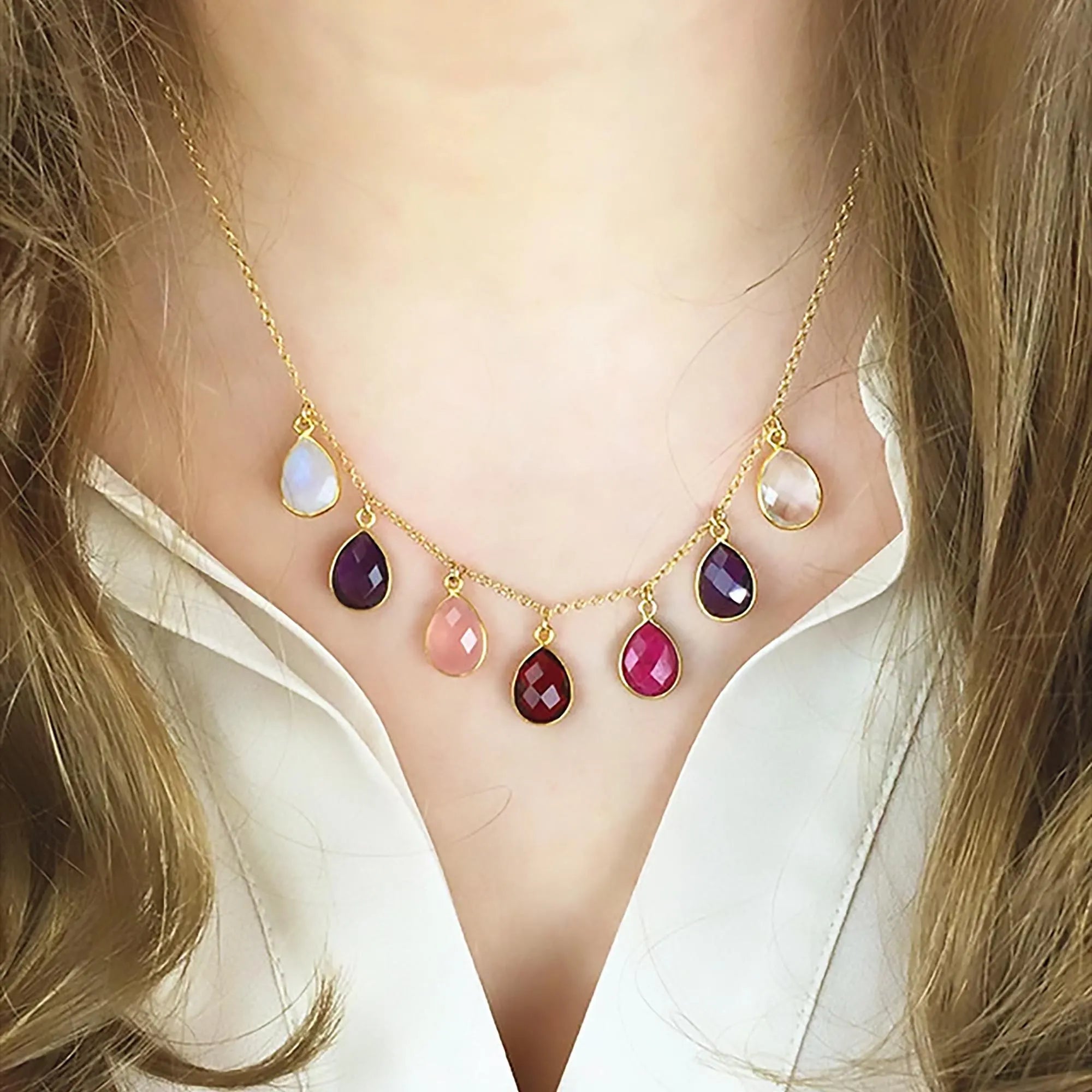 Mother's Teardrop Birthstone Collar Charm Necklace, Sterling Silver, Gold Filled, Hypoallergenic Gift for Women, Multicolor Multiple Gemstone Necklace