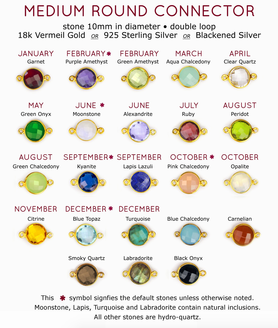 10mm round connector birthstones are available in garnet, purple amethyst, green amethyst, aqua chalcedony, clear, green onyx, moonstone, alexandrite, ruby, peridot, kyanite, pink chalcedony, opalite, citrine, sky blue