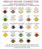 10mm round connector birthstones are available in garnet, purple amethyst, green amethyst, aqua chalcedony, clear, green onyx, moonstone, alexandrite, ruby, peridot, kyanite, pink chalcedony, opalite, citrine, sky blue