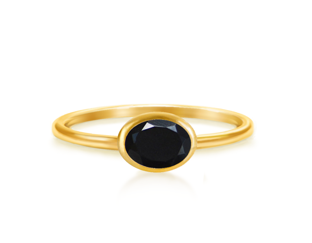 a gold black onyx ring shown on white background. stackable! Stacking rings, bezel set, small oval, tiny oval, dainty oval, birthstone rings, sterling silver stamp, birthstone ring, birthstone jewelry, black gemstone, black birthstone