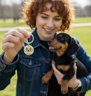 Woman holding a small dog while showing a custom engraved pet portrait keychain. Personalized round keychain featuring a detailed dog illustration created from a pet photo. Meaningful pet keepsake keychain designed for dog moms and dog lovers, perfect as a sentimental gift, memorial pet keychain, or everyday reminder of a beloved companion.