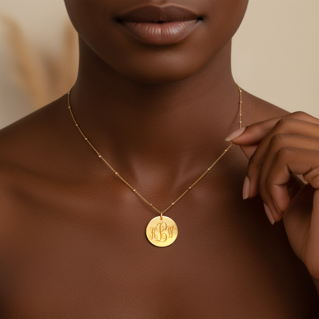 Stylish swirly monogram necklace with an engraved gold disc pendant worn on a delicate chain, featuring ornate three-letter initials in a classic script style. This personalized monogram disc necklace is available in .925 sterling silver, 14k gold-filled or rose gold-filled, and makes a beautiful custom jewelry gift for Mom, Grandma, wife or best friend. Ideal for Mother’s Day, birthdays, anniversaries, bridesmaid proposals or everyday layering.