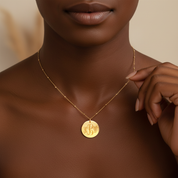 Stylish swirly monogram necklace with an engraved gold disc pendant worn on a delicate chain, featuring ornate three-letter initials in a classic script style. This personalized monogram disc necklace is available in .925 sterling silver, 14k gold-filled or rose gold-filled, and makes a beautiful custom jewelry gift for Mom, Grandma, wife or best friend. Ideal for Mother’s Day, birthdays, anniversaries, bridesmaid proposals or everyday layering.