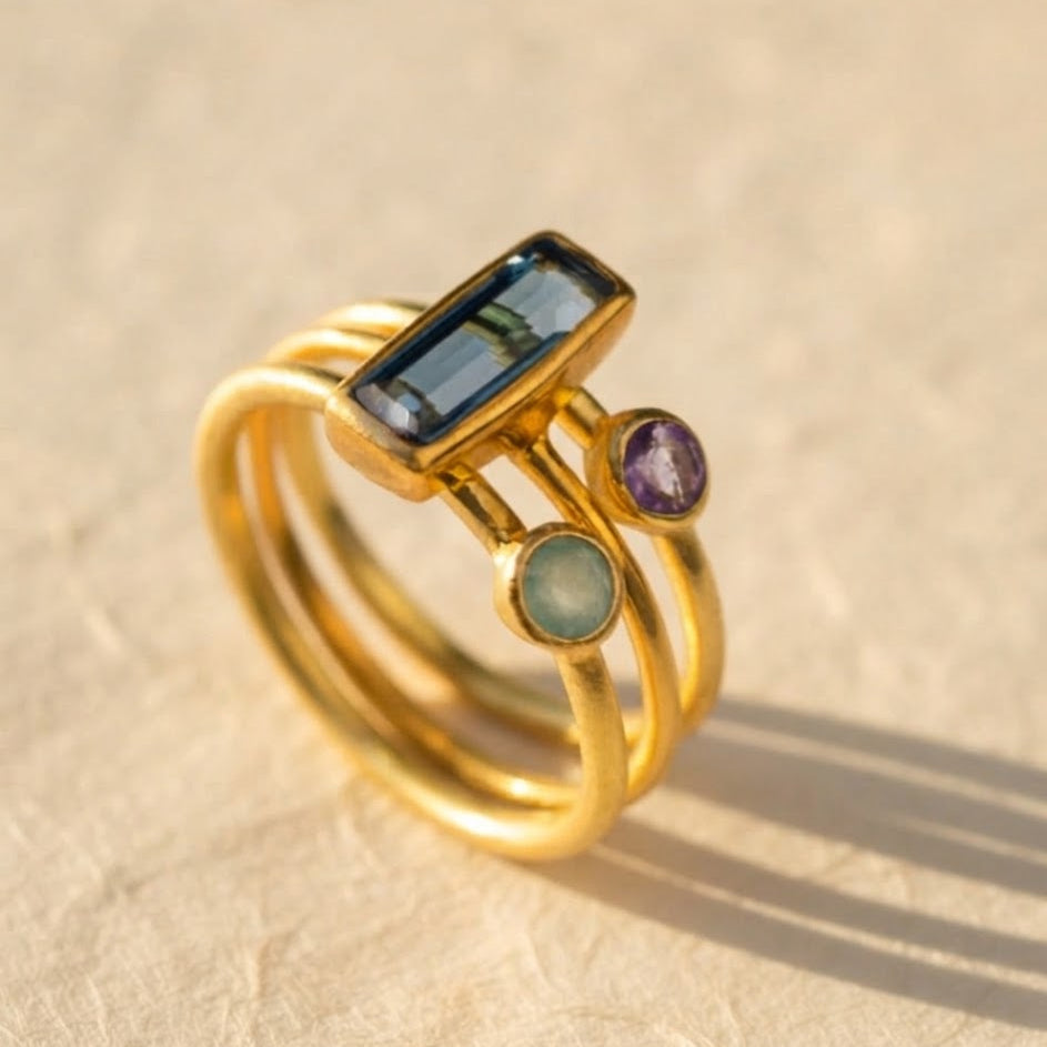 Custom Mom birthstone ring set with Adira gemstone bar and kids stacking rings
