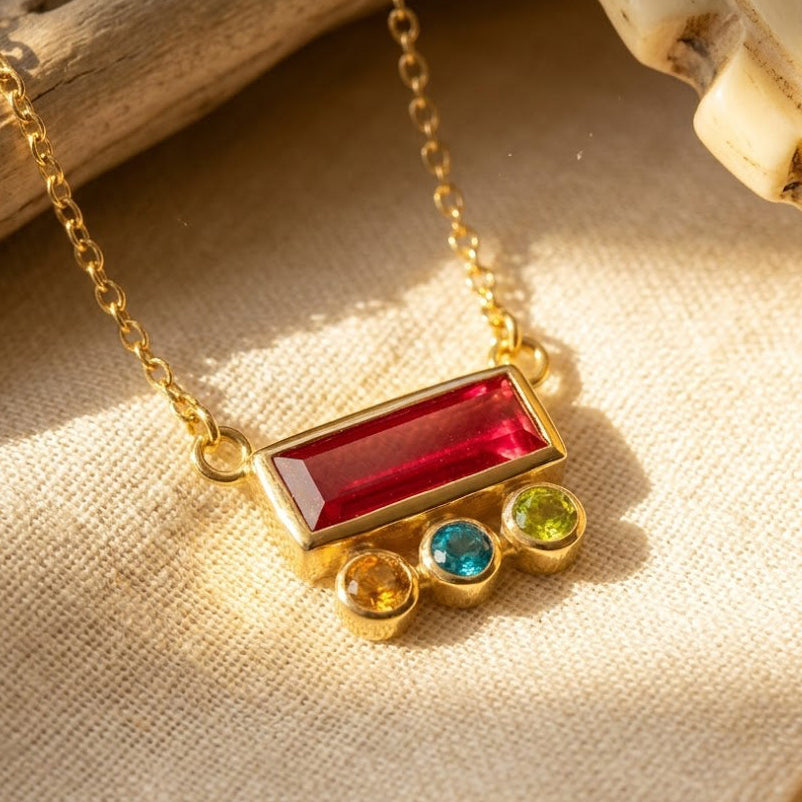 Minimalist birthstone bar necklace for mom with kids birthstones below, personalized family necklace with meaningful gemstone design for mother and children