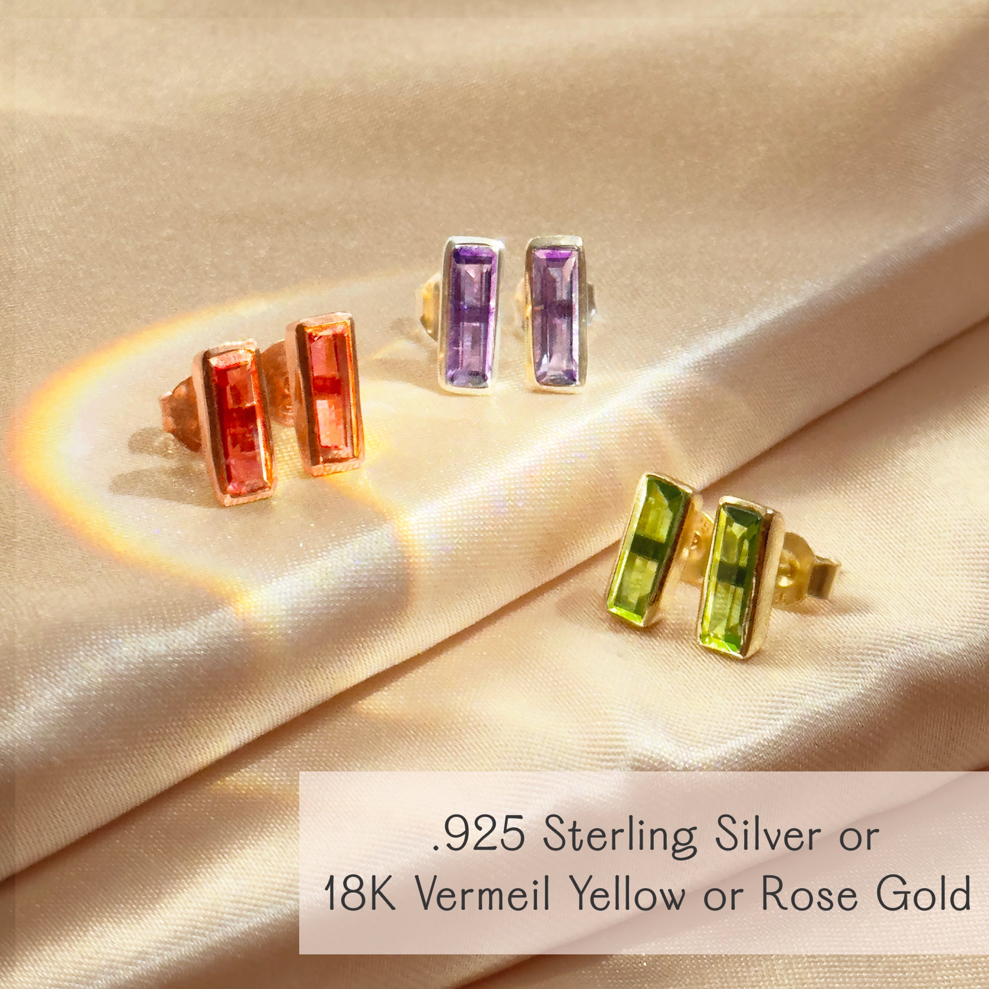 Baguette gemstone stud earrings in sterling silver yellow gold and rose gold finishes