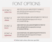 A digital graphic displaying four font style options labeled Font 1 modern thin, Font 2 classic, Font 3 block, and Font 4 typewriter, with sample uppercase and lowercase letters and numbers under each heading on a pale pink and white background.