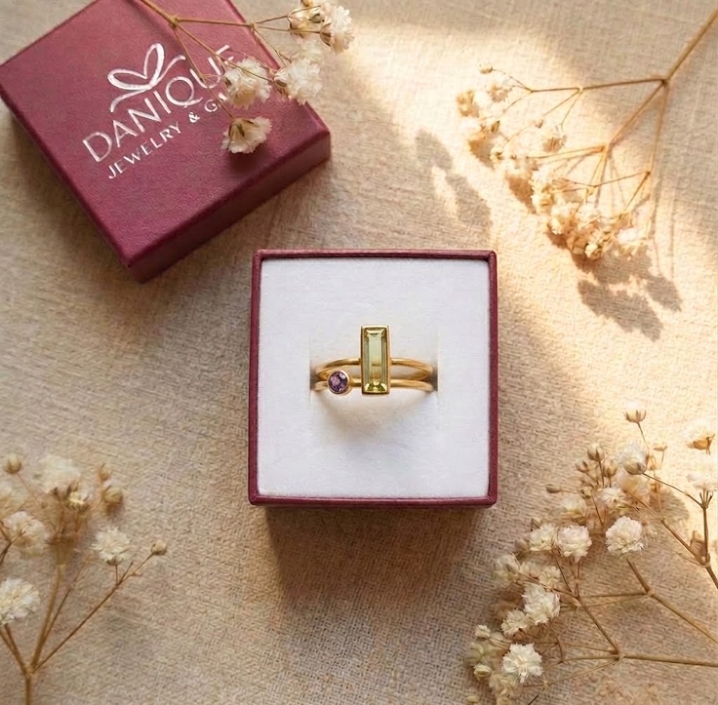 Custom Adira birthstone ring set in Danique Jewelry gift box
