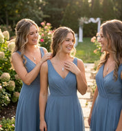 Bridesmaids wearing personalized birthstone necklaces, a thoughtful custom jewelry gift for moms, sisters, friends, or wedding party keepsakes.