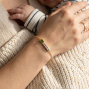 Dainty custom birthstone bar bracelet layered on wrist, personalized engraved bracelet with hidden initials, minimalist everyday bracelet for women, rectangular birthstone jewelry gift, custom birth month stone bracelet for mom, sister, girlfriend, or bridesmaid, elegant personalized bar bracelet in gold silver or rose gold for stacking and daily wear