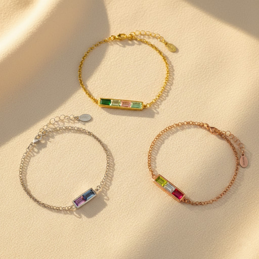 Custom birthstone bar bracelet in sterling silver yellow gold and rose gold, personalized engraved bracelet with hidden initials, rectangular birthstone bracelet for women, custom name bar bracelet, minimalist family jewelry gift, dainty birthstone bracelet for mom, sister, bridesmaid, or best friend, personalized engraved jewelry with colorful birth month stones
