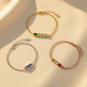 Custom birthstone bar bracelet in sterling silver yellow gold and rose gold, personalized engraved bracelet with hidden initials, rectangular birthstone bracelet for women, custom name bar bracelet, minimalist family jewelry gift, dainty birthstone bracelet for mom, sister, bridesmaid, or best friend, personalized engraved jewelry with colorful birth month stones