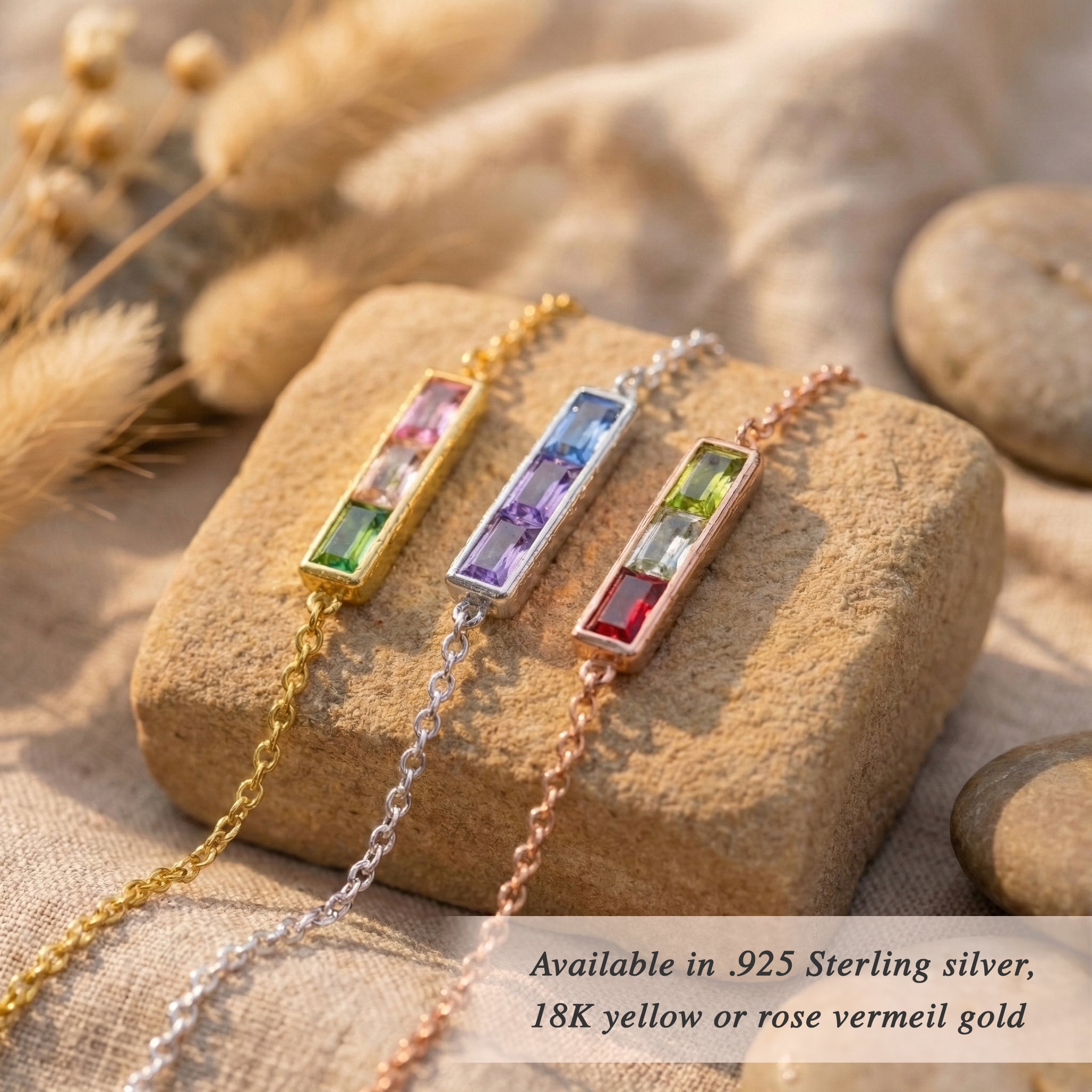 Close-up of custom birthstone bar bracelets with engraved hidden initials, personalized rectangular birthstone bracelets in multiple metal finishes, dainty engraved jewelry for women, custom bracelet gift for mom, grandma, sister, or bridesmaid, minimalist birth month stone bracelet, colorful family jewelry keepsake, personalized bar bracelet for stacking or gifting