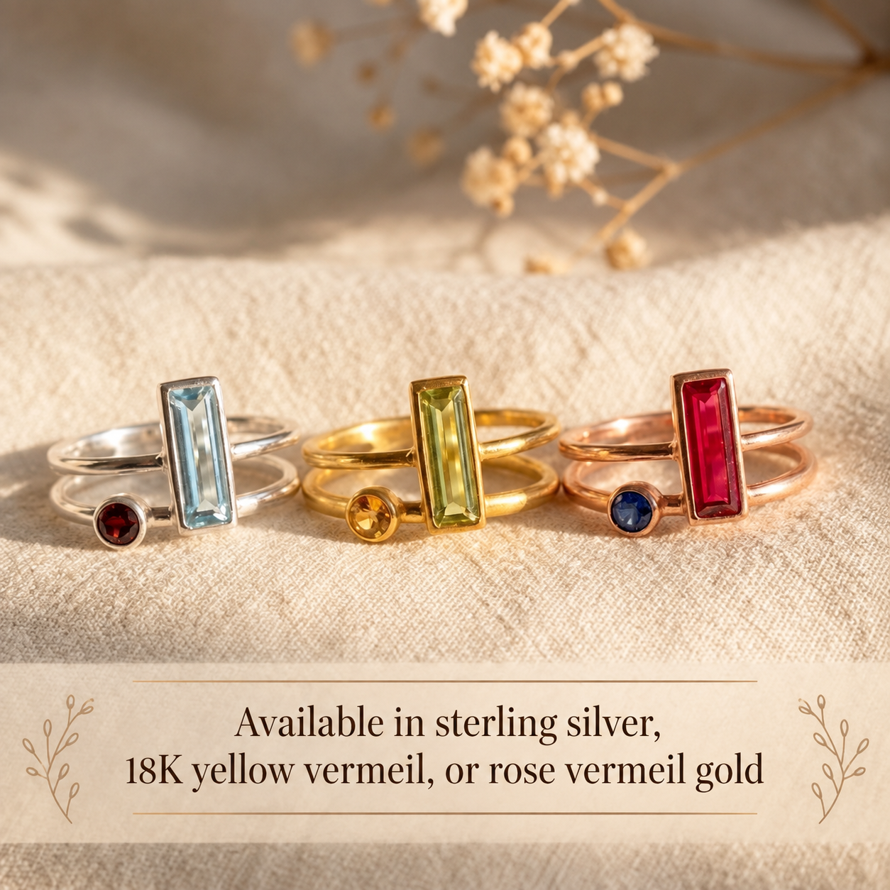 Three gemstone open rings in sterling silver, yellow vermeil, and rose vermeil on soft linen with text overlay about metal options.