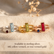 Three gemstone open rings in sterling silver, yellow vermeil, and rose vermeil on soft linen with text overlay about metal options.