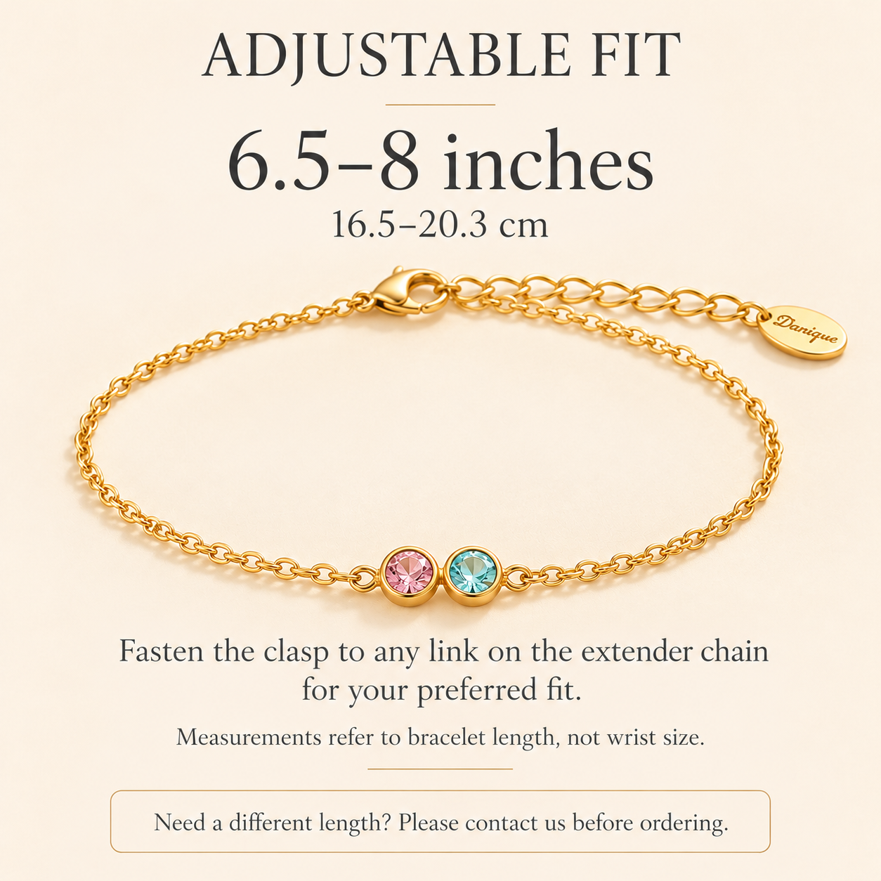 Adjustable two birthstone bracelet fitting wrists from 6.5 to 8 inches
