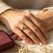 Woman wearing a personalized Mom of three birthstone ring in yellow gold with colorful family gemstones.
